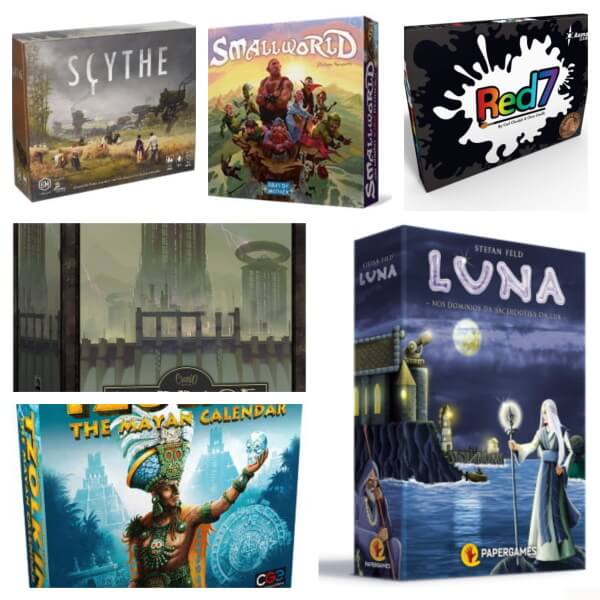 collage of 4 players board games box covers